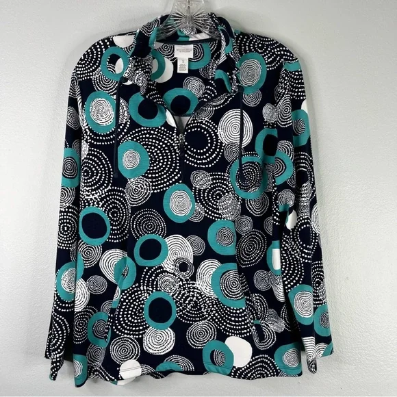Chico's Weekends Pullover Top Women’s 1 M Blue Teal White Circle Print Pocket - Picture 3 of 13
